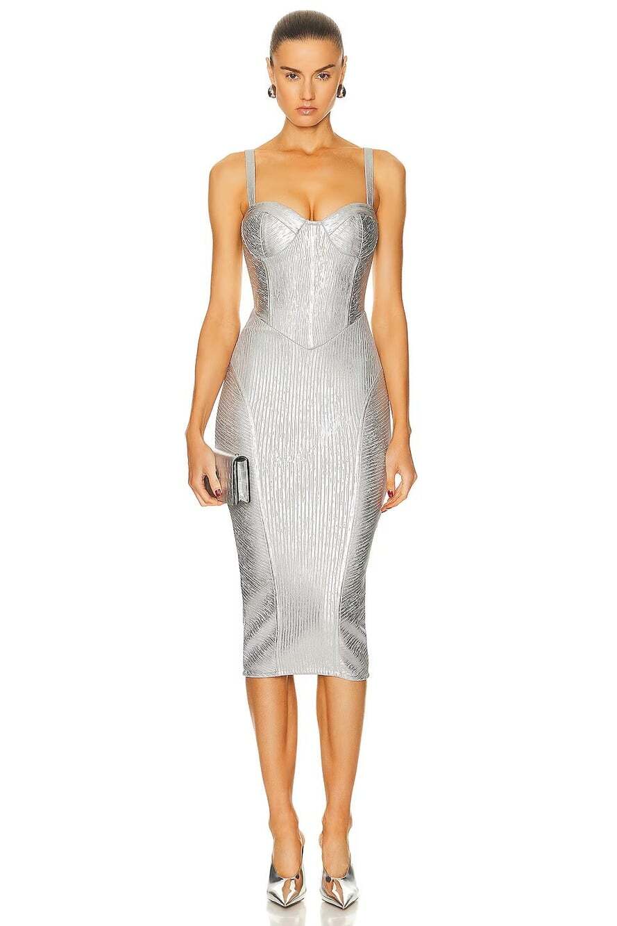 Retrofete Zora Silver Coated Bodycon Midi Dress Large NWT $498